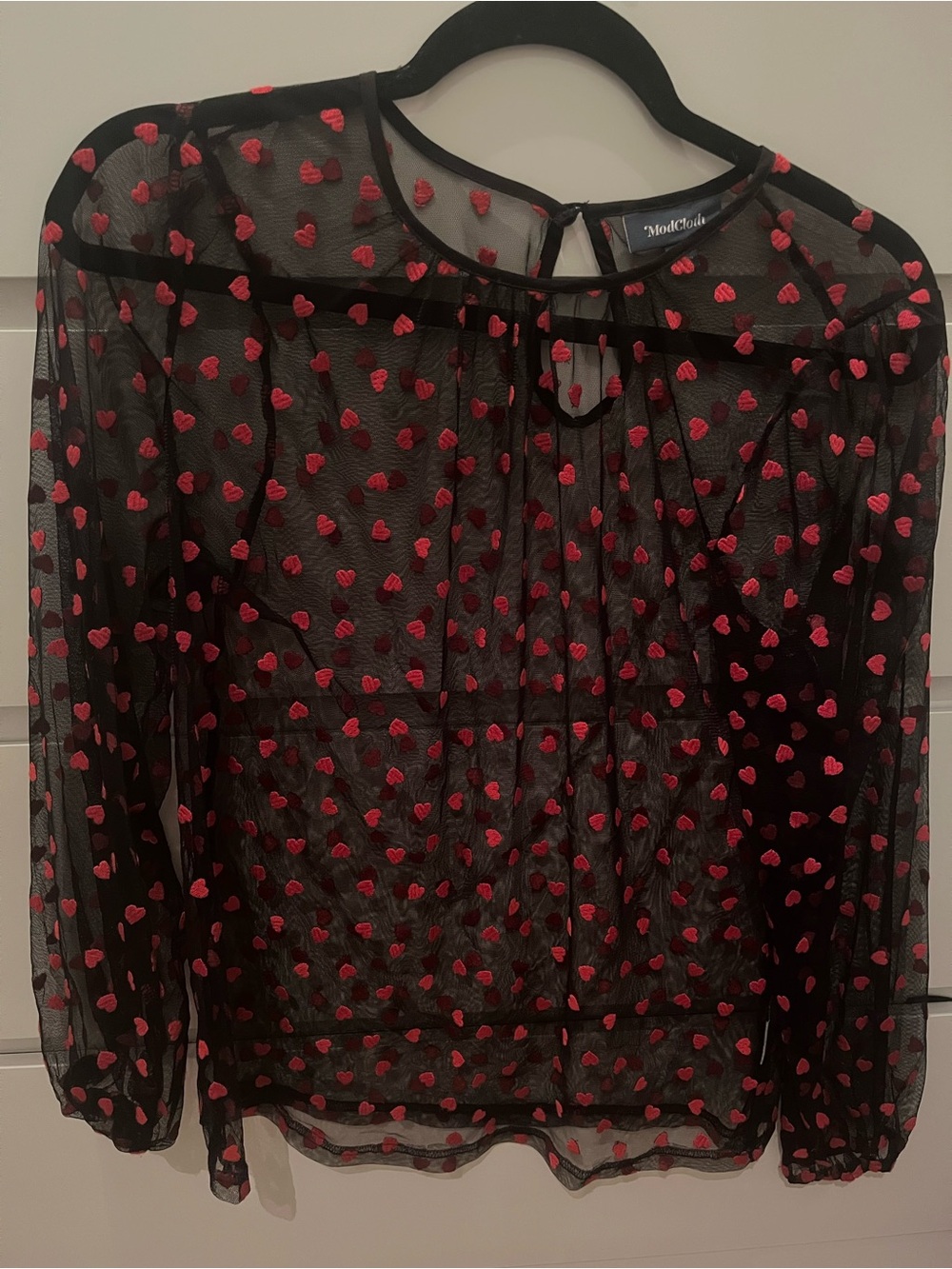 ModCloth Black Sheer Heart-Embroidered Long-Sleeve Blouse - Red Hearts